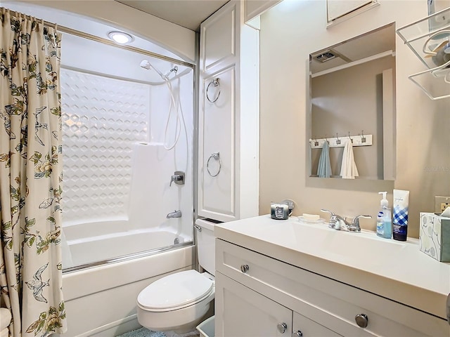 full bathroom featuring shower / tub combo with curtain, vanity, and toilet