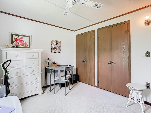 interior space featuring ornamental molding and light colored carpet