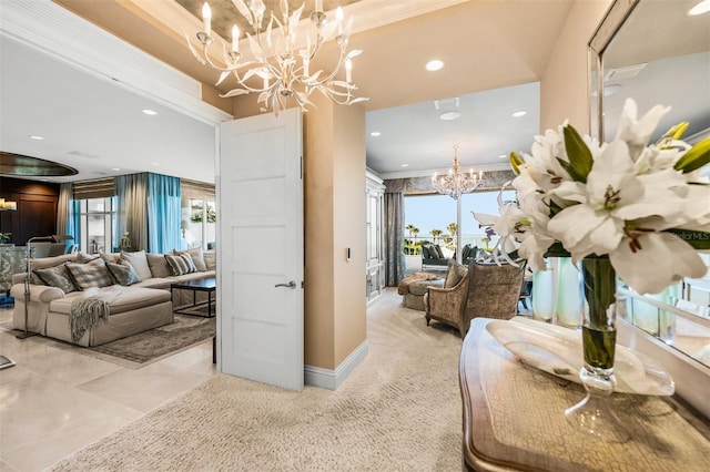 interior space featuring ornamental molding, a wealth of natural light, a chandelier, and tile patterned floors