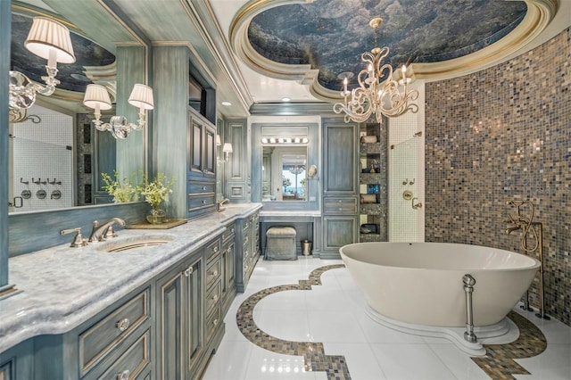 bathroom featuring a bathtub, tile walls, vanity, tile patterned flooring, and ornamental molding