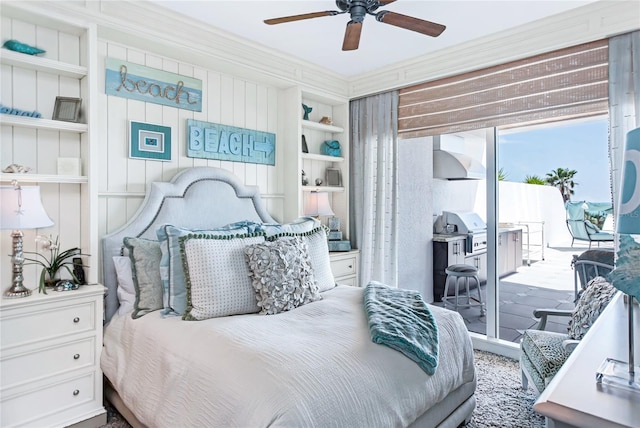 carpeted bedroom featuring ceiling fan, crown molding, and access to exterior