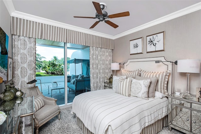 bedroom featuring ceiling fan, ornamental molding, carpet flooring, and access to exterior