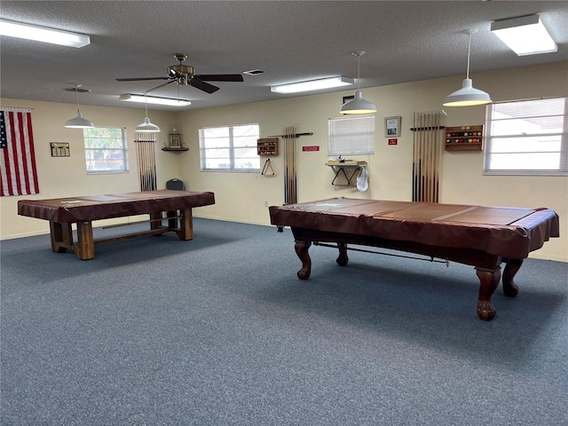 playroom with ceiling fan, carpet, and pool table