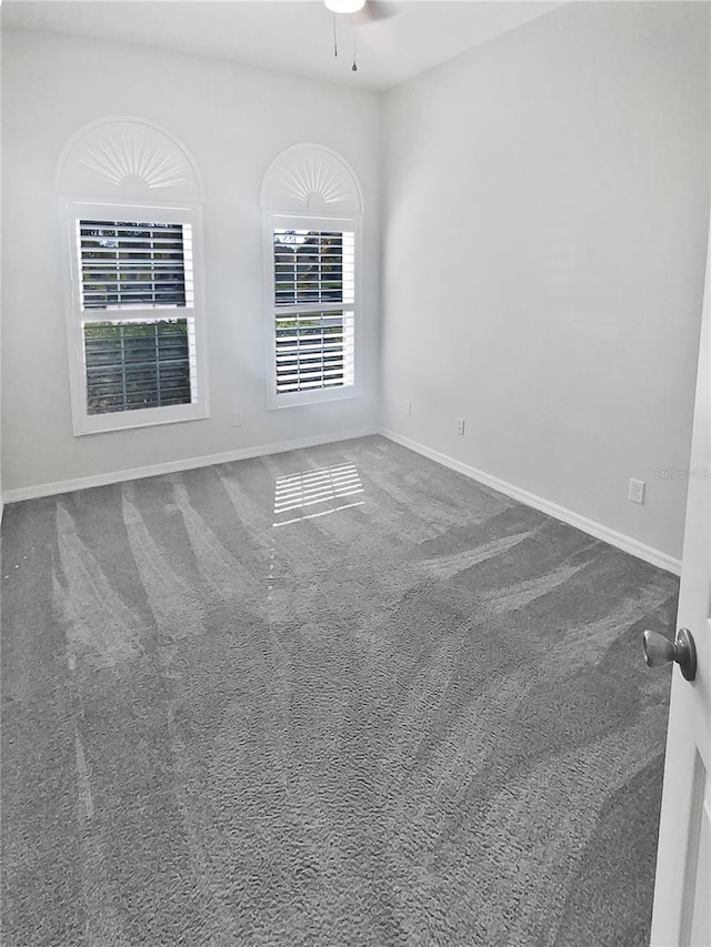 unfurnished room featuring carpet flooring, ceiling fan, and plenty of natural light