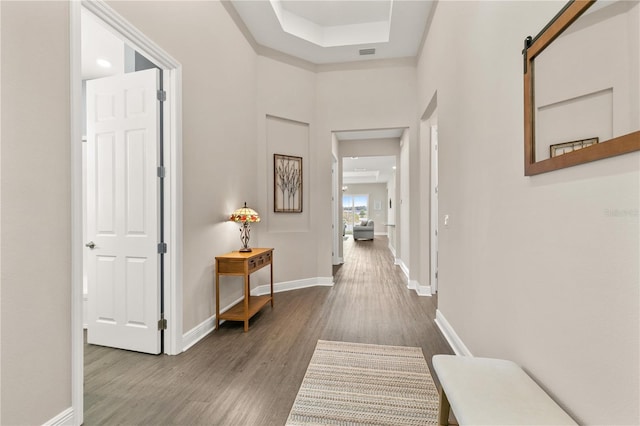 corridor featuring a tray ceiling, hardwood / wood-style floors, and a barn door