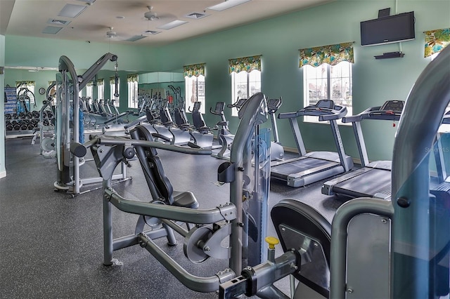 exercise room with visible vents and a ceiling fan