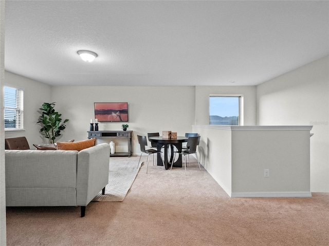 living room with light carpet, plenty of natural light, and a textured ceiling