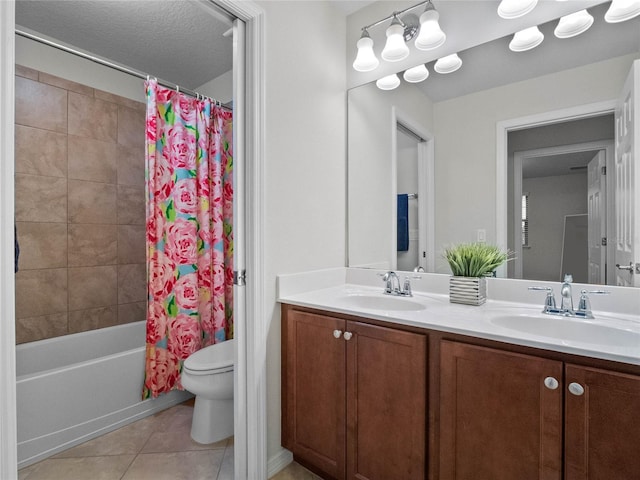 full bathroom featuring tile patterned flooring, vanity, shower / bathtub combination with curtain, and toilet