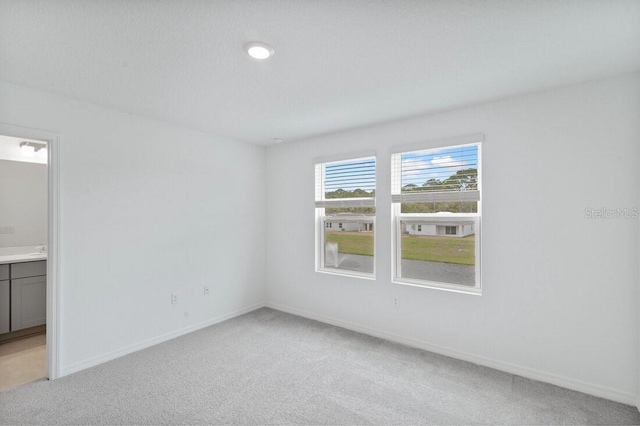 spare room with baseboards and light carpet