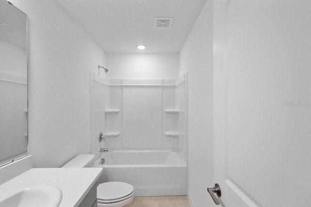 full bath with visible vents, toilet, wood finished floors, tub / shower combination, and vanity