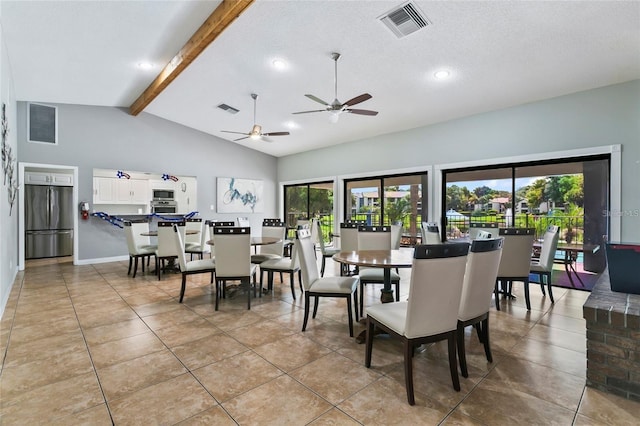 dining area featuring high vaulted ceiling, ceiling fan, a textured ceiling, beamed ceiling, and light tile patterned flooring