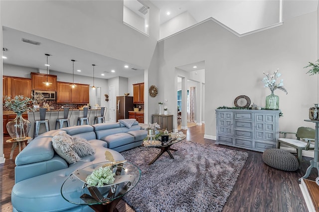 living room with a high ceiling and dark hardwood / wood-style flooring