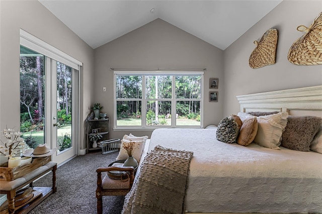 carpeted bedroom featuring access to exterior, multiple windows, and vaulted ceiling