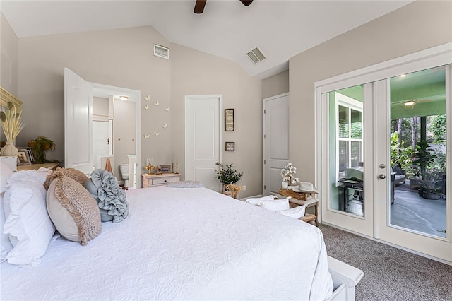 bedroom featuring access to outside, ceiling fan, french doors, carpet floors, and vaulted ceiling