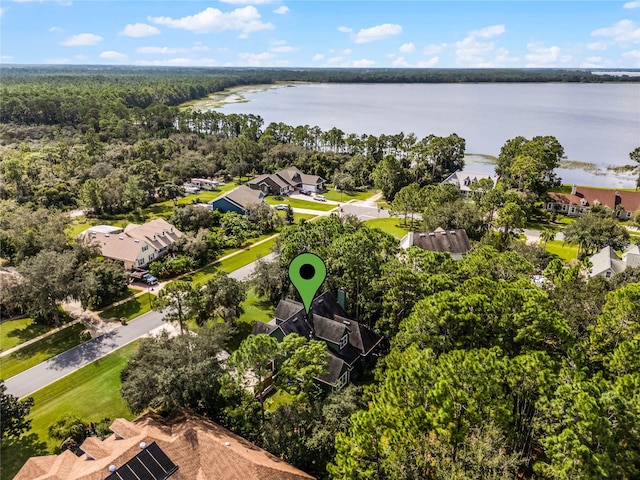 bird's eye view with a water view