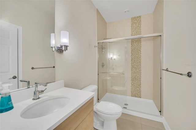 bathroom featuring tile patterned floors, a shower with shower door, vanity, and toilet