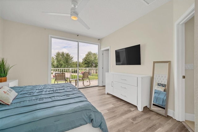 bedroom with light hardwood / wood-style flooring, ceiling fan, and access to exterior