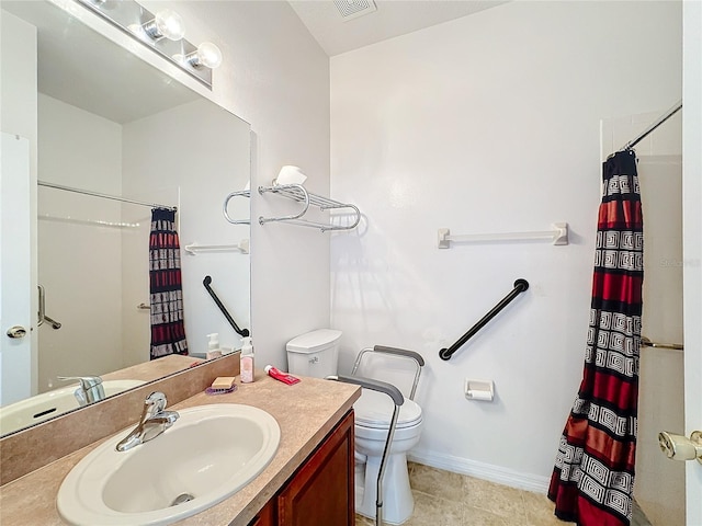 bathroom featuring vanity, curtained shower, tile patterned flooring, and toilet