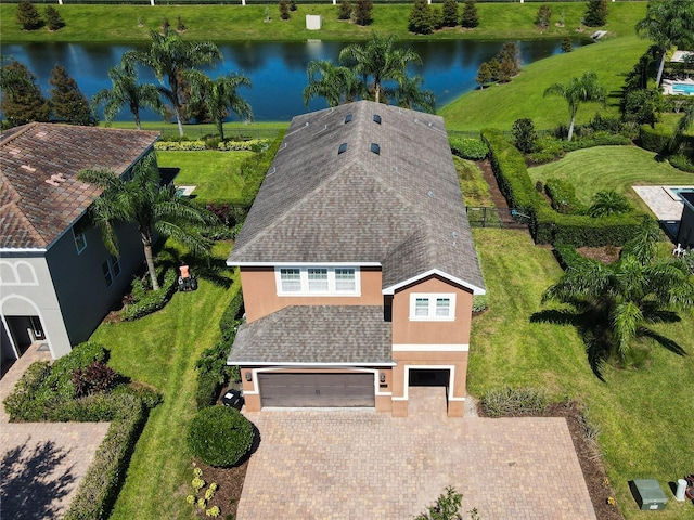 drone / aerial view with a water view