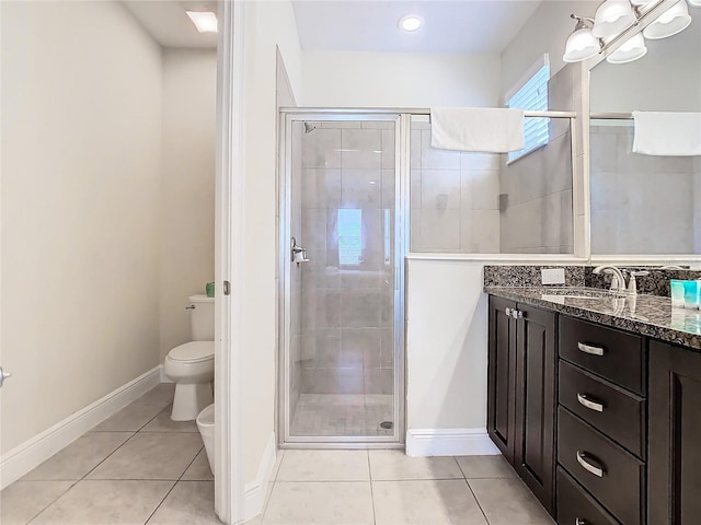 bathroom with vanity, tile patterned flooring, toilet, and an enclosed shower