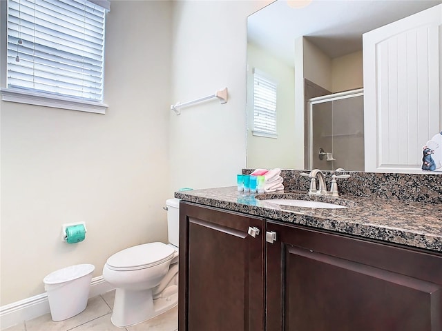 bathroom featuring a shower with door, tile patterned floors, vanity, and toilet