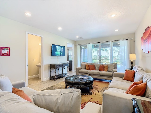 living room featuring light tile patterned floors