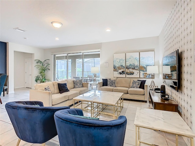 living room featuring light tile patterned flooring