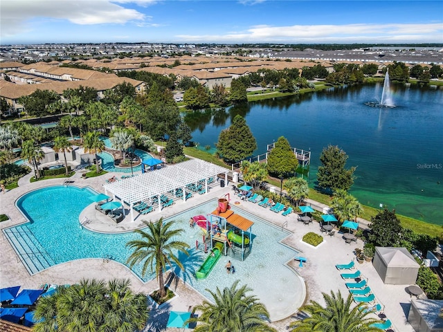 drone / aerial view with a water view