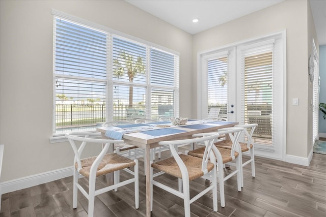 dining space with wood-type flooring and plenty of natural light