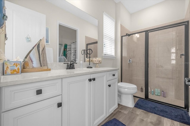 bathroom with vanity, toilet, and a shower with door