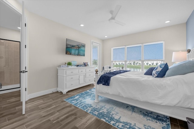 bedroom with hardwood / wood-style flooring and ceiling fan