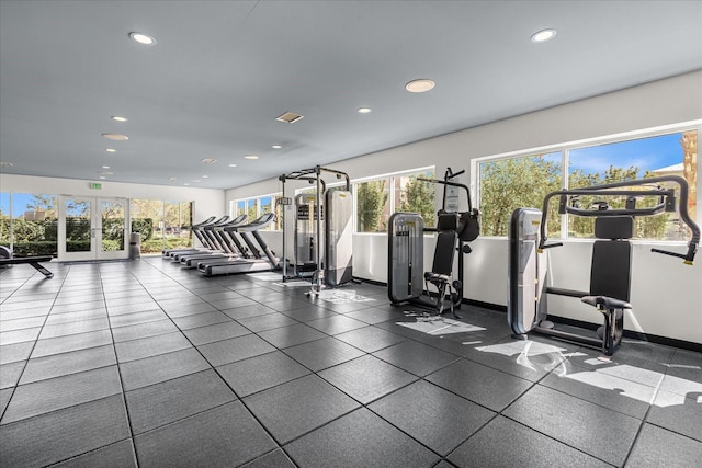 gym featuring french doors