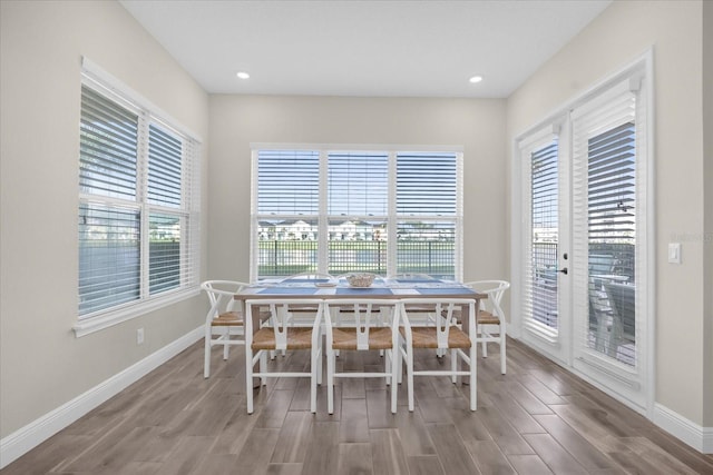 dining room featuring french doors, a healthy amount of sunlight, and wood-type flooring