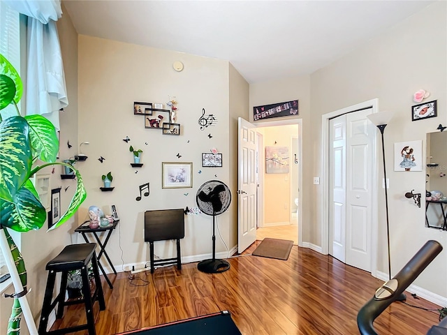 workout room with dark hardwood / wood-style floors