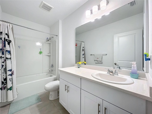 full bathroom featuring toilet, shower / bath combo with shower curtain, vanity, and tile patterned floors