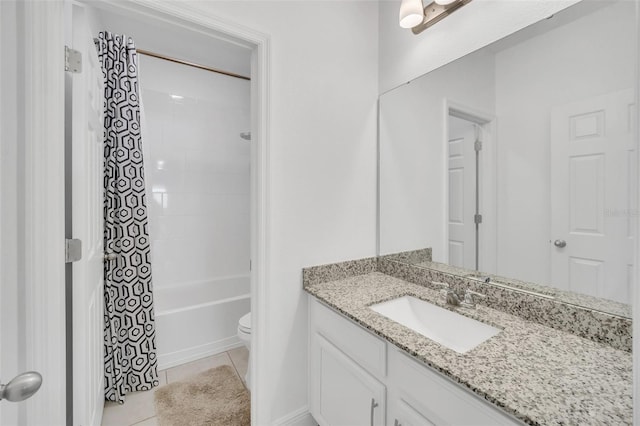 full bathroom with vanity, toilet, shower / bathtub combination with curtain, and tile patterned floors