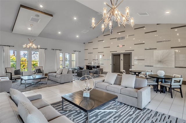 living room with light tile patterned floors and high vaulted ceiling