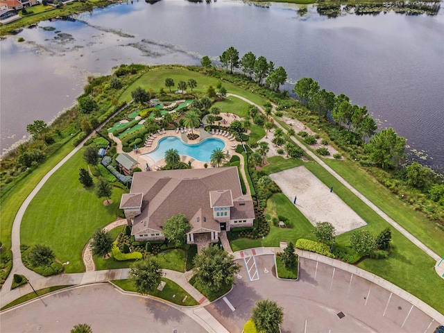 bird's eye view with a water view