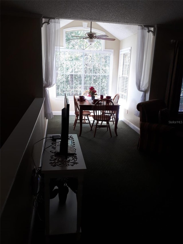 carpeted dining space featuring lofted ceiling, ceiling fan, and a textured ceiling