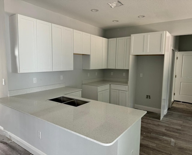 kitchen with white cabinets, kitchen peninsula, and dark hardwood / wood-style flooring