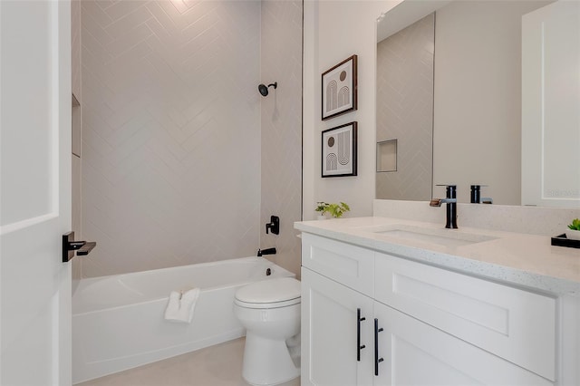 full bathroom with tiled shower / bath combo, vanity, and toilet