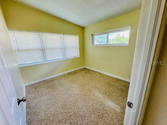 unfurnished room with carpet floors, a textured ceiling, and vaulted ceiling