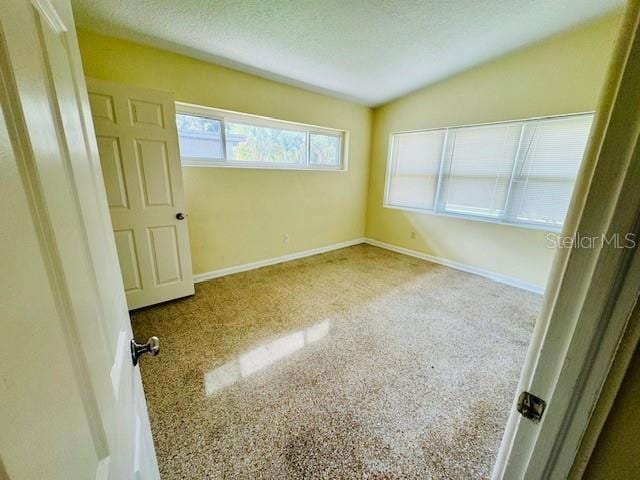 unfurnished bedroom with lofted ceiling, a textured ceiling, and carpet flooring