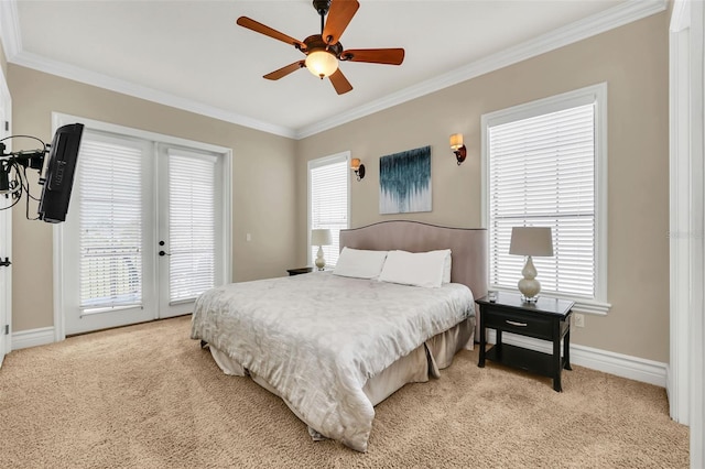 bedroom featuring ceiling fan, light carpet, access to exterior, and multiple windows