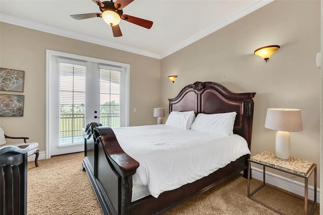 carpeted bedroom featuring access to outside, crown molding, ceiling fan, and french doors