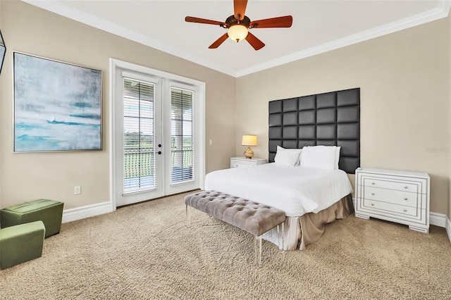 bedroom featuring access to outside, carpet, ornamental molding, and ceiling fan