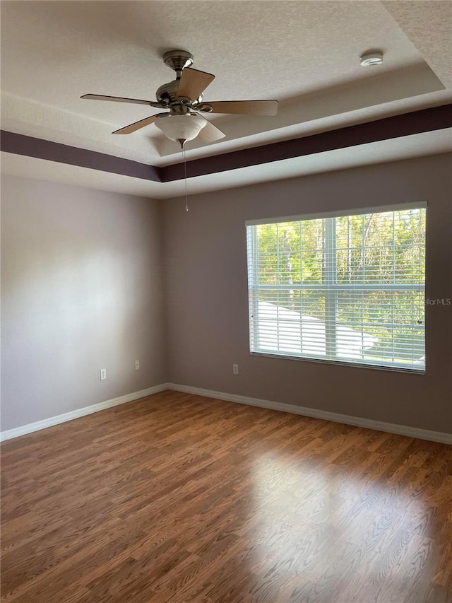 spare room with hardwood / wood-style floors, a raised ceiling, a wealth of natural light, and ceiling fan