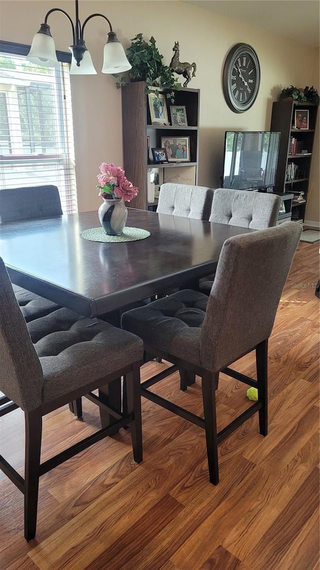 dining room with an inviting chandelier, wood-type flooring, and a healthy amount of sunlight