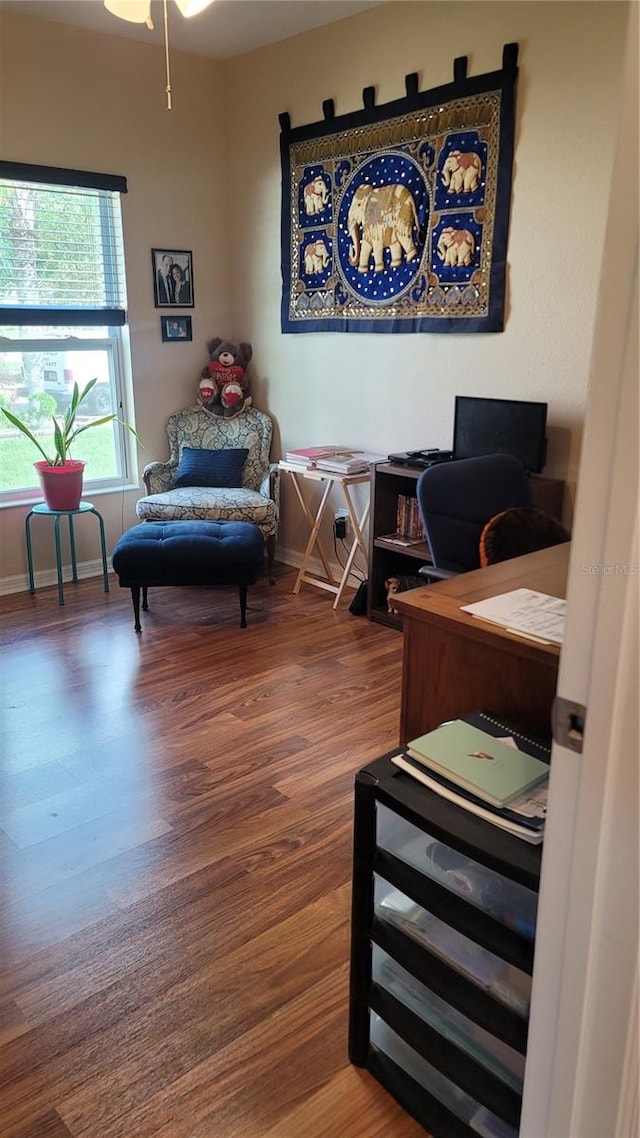 interior space with hardwood / wood-style flooring and ceiling fan