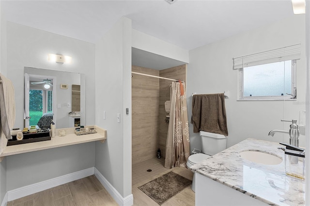 bathroom with vanity, toilet, hardwood / wood-style flooring, and a shower with shower curtain